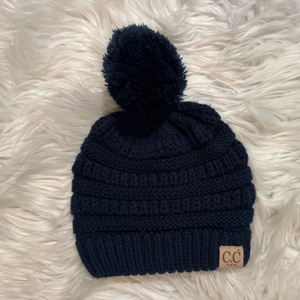 C.C‎ Kids Beanie Toddler Kids One Size Navy Blue Knit Pom Pom Winter Hat